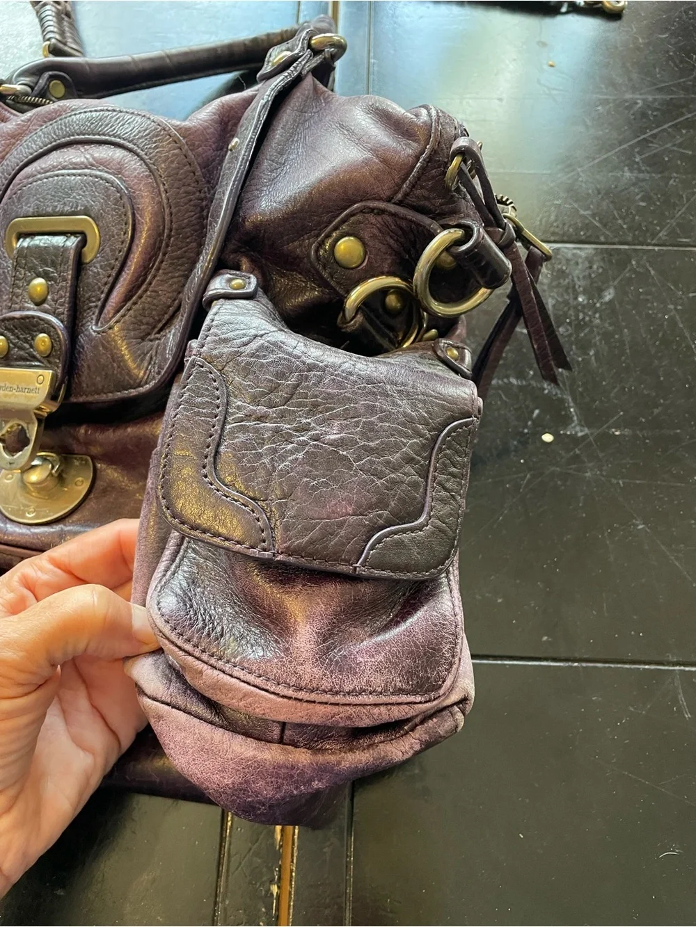 Plum Leather Satchel with Brass Accent Hardware